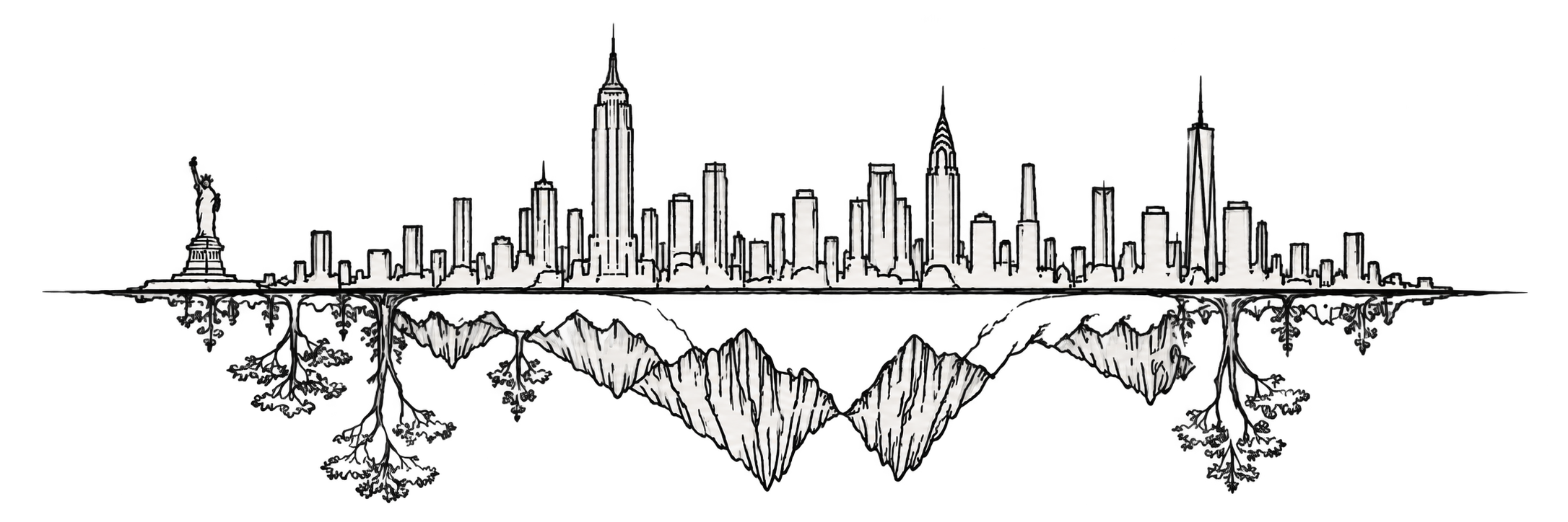 A fine ink drawing of New York mirrored by Tasmanian wilderness